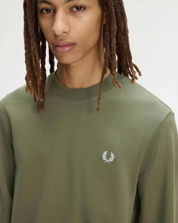 Fred Perry Mens Crew Neck Sweatshirt - Laurel Wreath Green/Ecru/Dusky Blue 87B | CHO | Designer Mens Sweatshirts