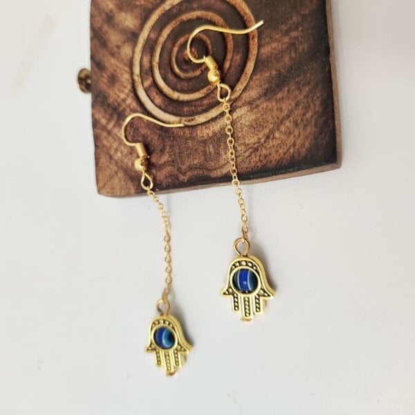 The Colourful Aura Long Chain Gold Hamsa Fatima Hand Protection Evil Eye Tassel Hand Drop Earring