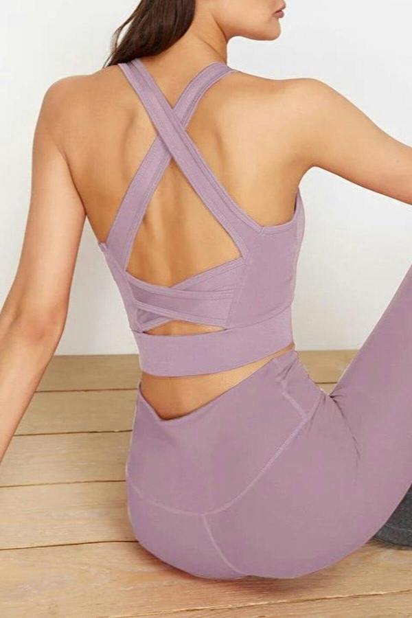 WOVCOR Padded, Thick-Strapped Knitted Sports Bra with Back Detail