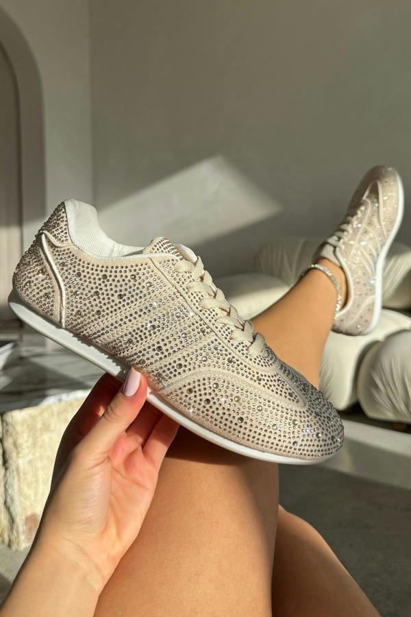 Crystal Dewdrop Lace-Up Trainers Nude designed with classic lace-up fastening