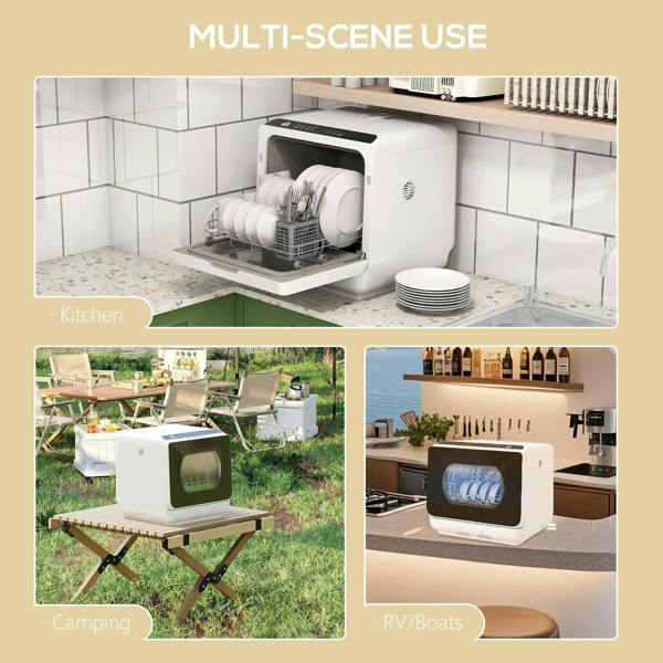 White countertop dishwasher on counter with open door and dish rack