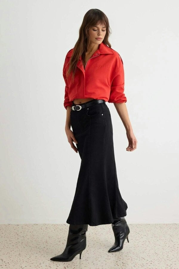 WOVCOR Fitted Maxi Denim Skirt