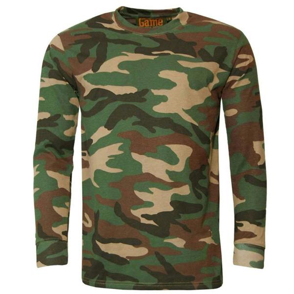 Game woodland camo long sleeve t-shirt ideal for hunting, shooting, or blending into the countryside