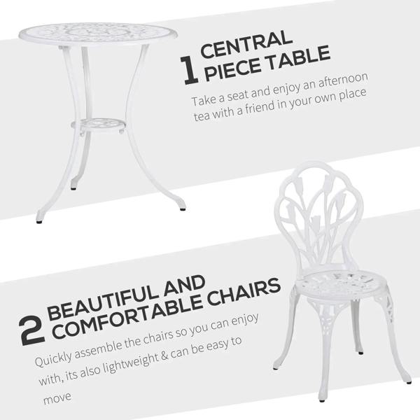 White round bistro table with two ornate chairs, 3-piece patio set