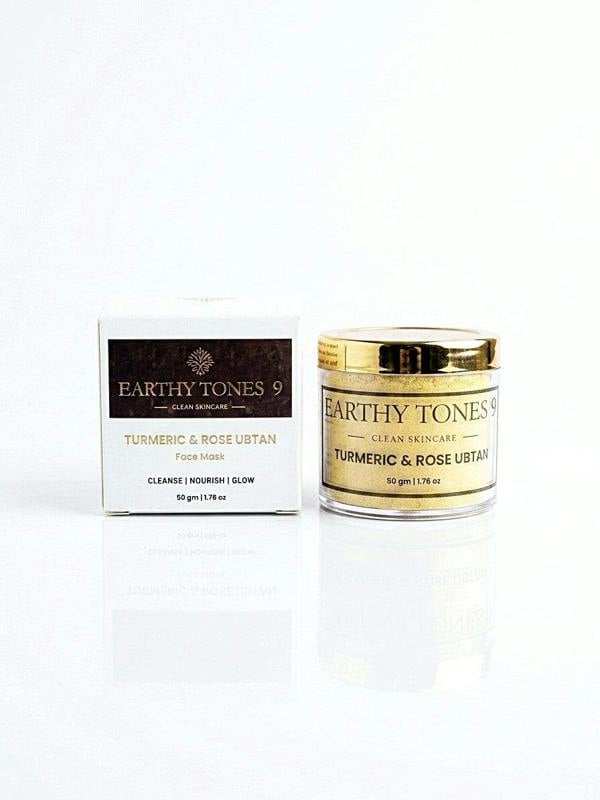 Earthy Tones 9 Turmeric & Rose Ubtan (facemask) with 50g packaging on white background.