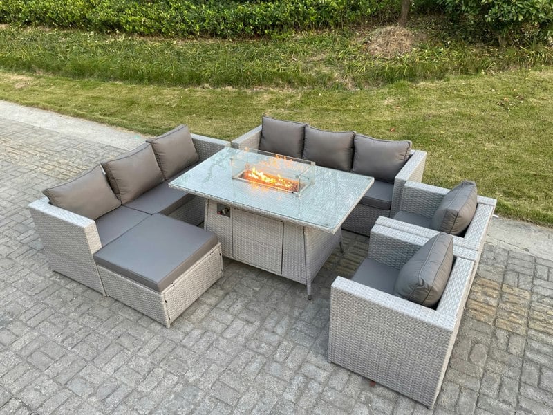 Fimous Light Grey Rattan Garden Furniture Set Gas Fire Pit Dining Table Heater Burner Lounge Sofa Set Chairs Footstool