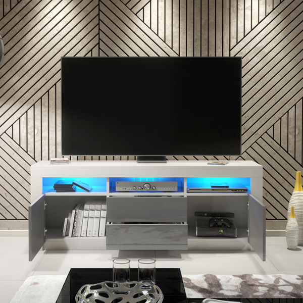 Mex Furniture Spacious 160cm TV Unit & Cabinet with Grey High Gloss Doors and Free LED