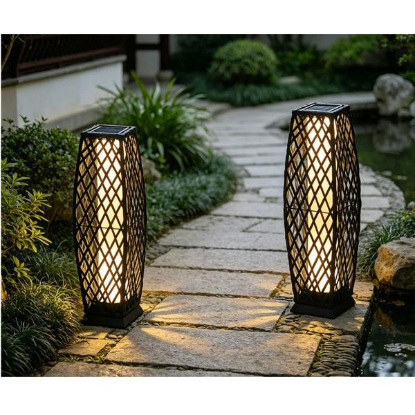 Gr8 Garden Set of 2 Solar Rattan Lantern Floor Lamps LED Garden Lights Charcoal