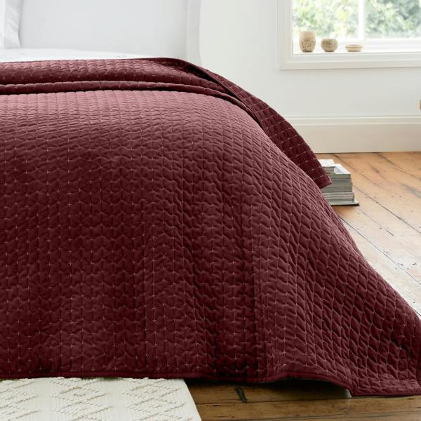 Bianca Attica Velvet Embroidered Bedspread Burgundy