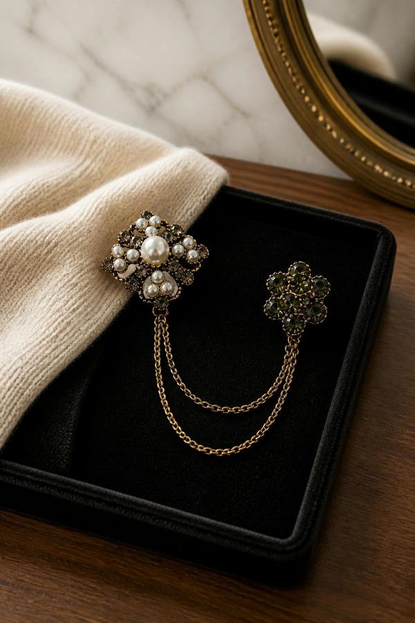 Pamoni Ornate Pearl and Crystal Lapel Chain Brooch