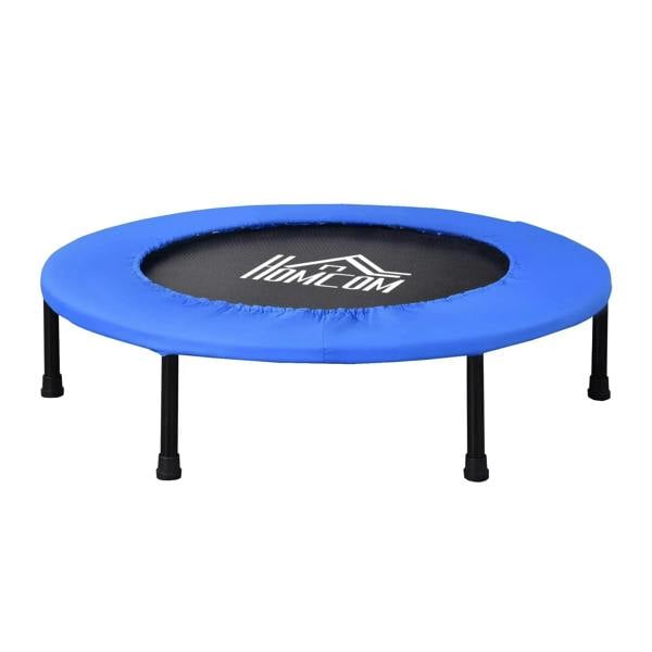Blue mini fitness trampoline with black legs and safety-padded jumping surface