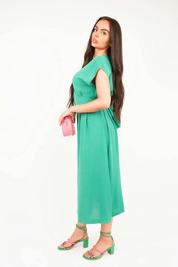 Reeva Button Down Cap Sleeve Midi Dress - Green