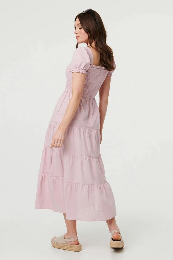 Pink | Tiered Shirred Puff Sleeve Midi Dress