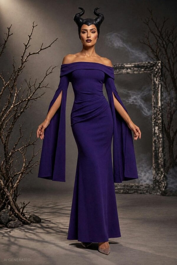 Goddiva Long Cape Sleeve Maxi Maleficent-Inspired Halloween Costume - Deep Purple by Goddiva