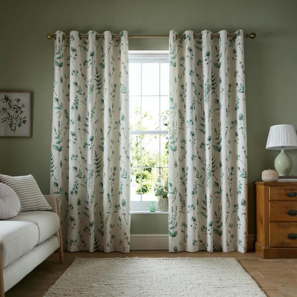 Catherine Lansfield Watercolour Leaves Lined Eyelet Curtains Natural / Green