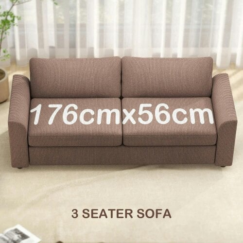 Bobobiy Modern 3 Seater Sofa with Spring Cushion, 212 cm Fabric Jumbo Cord Sofa Couch with 2 Scatter Cushions, Upholstered Corduroy Settee, Coffee