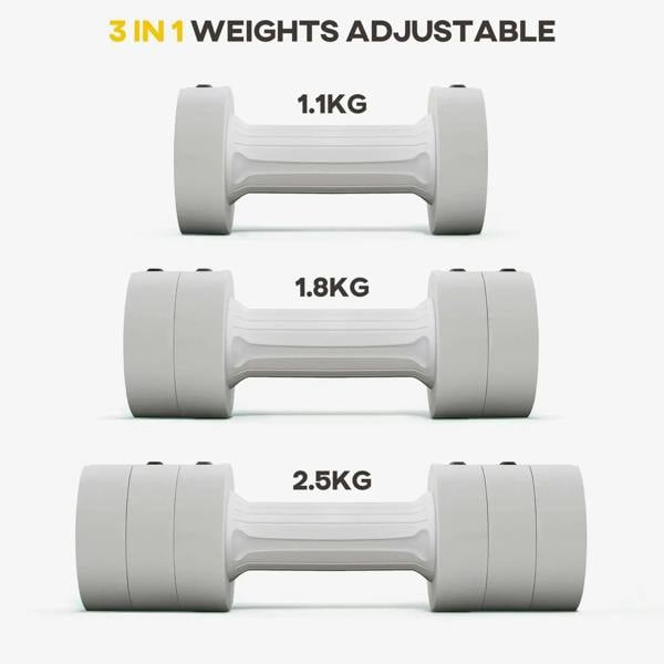 White adjustable dumbbells showing three weight settings with stacked end sections