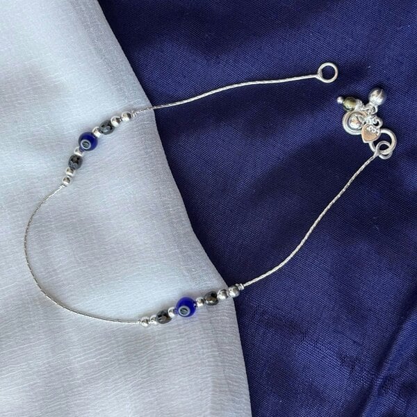 The Colourful Aura Pure Silver Beaded Evil Eye Nazar Payal Anklet with Charm Cluster