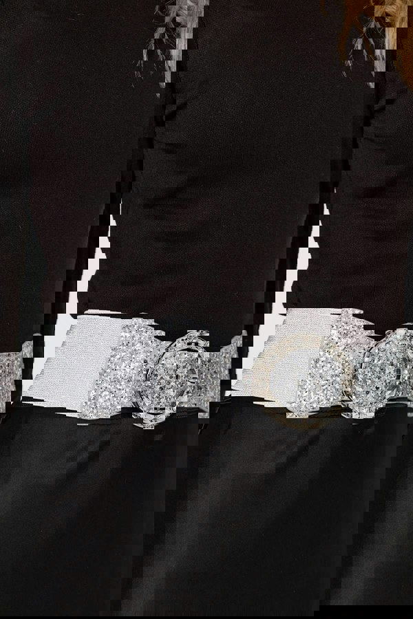 Silver | Sparkly Embellished Metallic Buckle Belt
