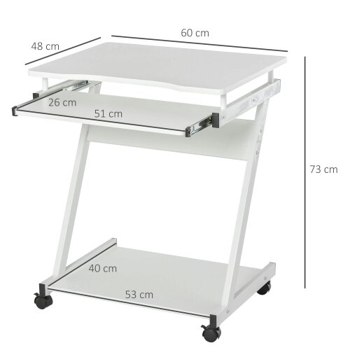 Wyld Haus Suel 60cm Wooden White Mobile Z Shaped Desk With Castor Wheels And Sliding Keyboard Tray