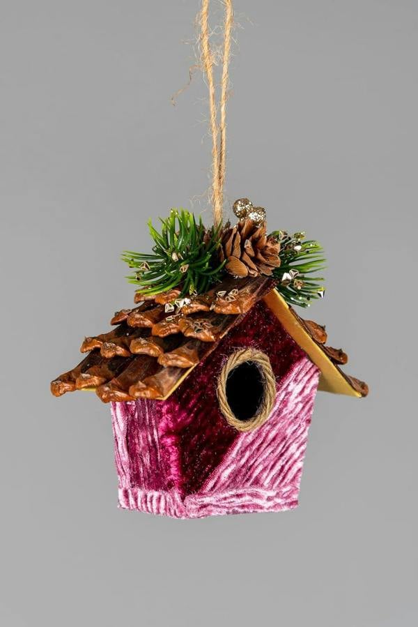 10x11cm Pink Burgundy Birdhouse Hanging Decoration Set, 3 Pack Fairy Tale Tree Ornaments image 4