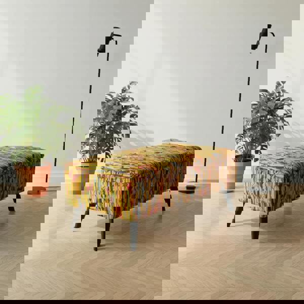 Solid wood frame storage bench with hinged lid and statement fabric