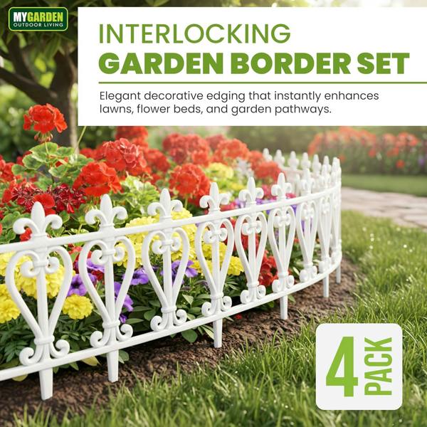 My Garden Outdoor Living Garden Fence Panels 4 Pack-2.4M Decorative Edging Panel-Secure Ground Stakes-Inter-Locking Fence Edging, Easy Hammer-In Setup