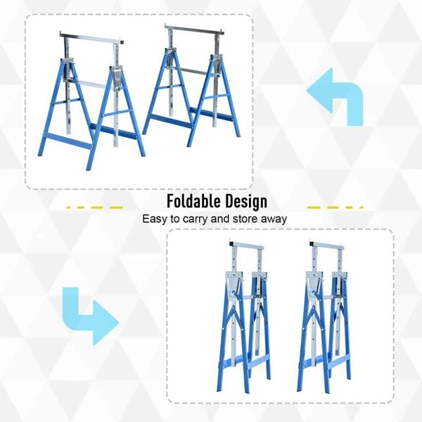 Set of 2 blue folding steel builders trestles with adjustable, telescopic height frames