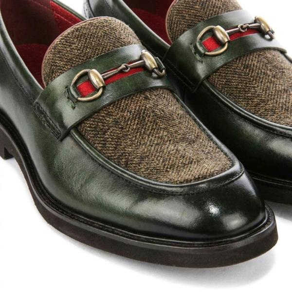 Justin Reess Tristian - Men's Green Leather Herringbone Tweed Loafers