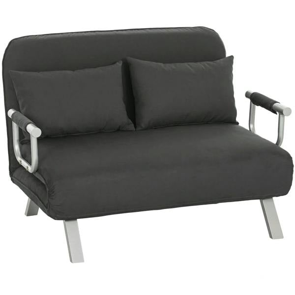 Charcoal grey two-seater click-clack sofa bed, armrests and back cushions