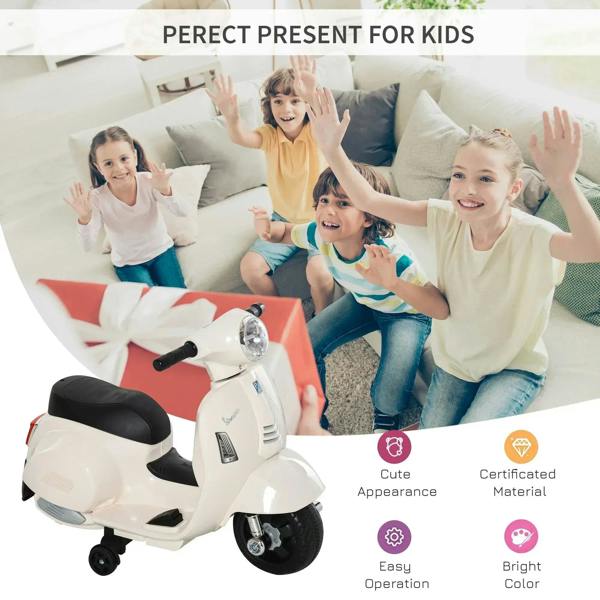 White kids electric scooter ride-on with black seat and front headlight, shown with children