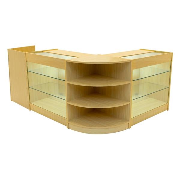 Astro LED Shop Counter Set in maple finish features curved shelves, glass displays, and integrated lighting for retail use