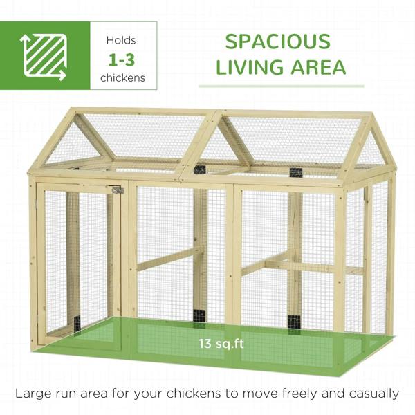 Large wooden chicken run with wire mesh walls and raised floor frame, natural wood finish