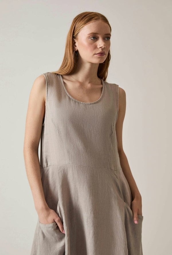 Taupe linen maxi dress sleeveless ankle length