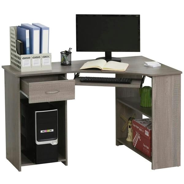 Grey L-shaped corner computer desk with 2 open shelves and keyboard tray