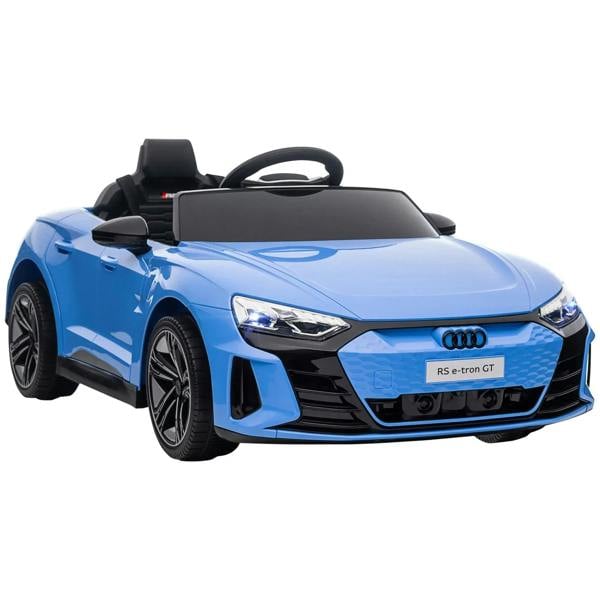 Blue Audi kids electric ride-on car, front three-quarter view with LED headlights