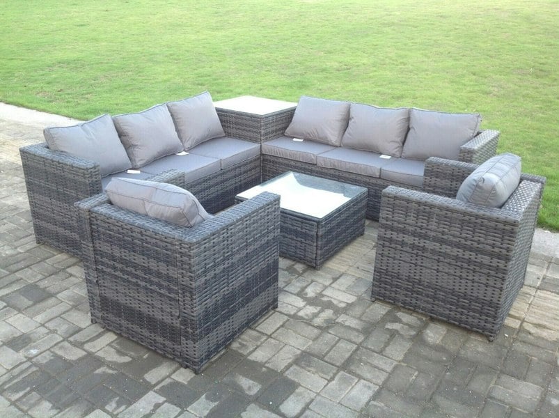Fimous Dark Mixed Grey Outdoor Rattan Garden Furniture Set Corner Sofa 2 Tables With 2 Chairs