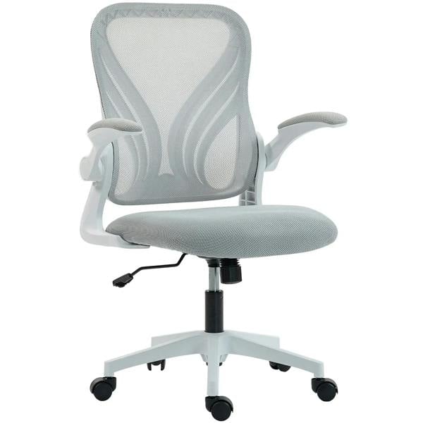 Light grey mesh office chair with foldable backrest, padded seat, armrests, and caster base