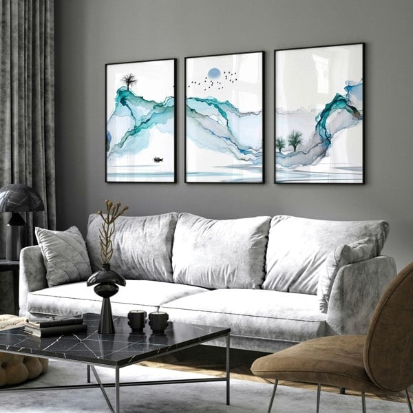 Art print set of 3 | Japanese Teal wall art for living room