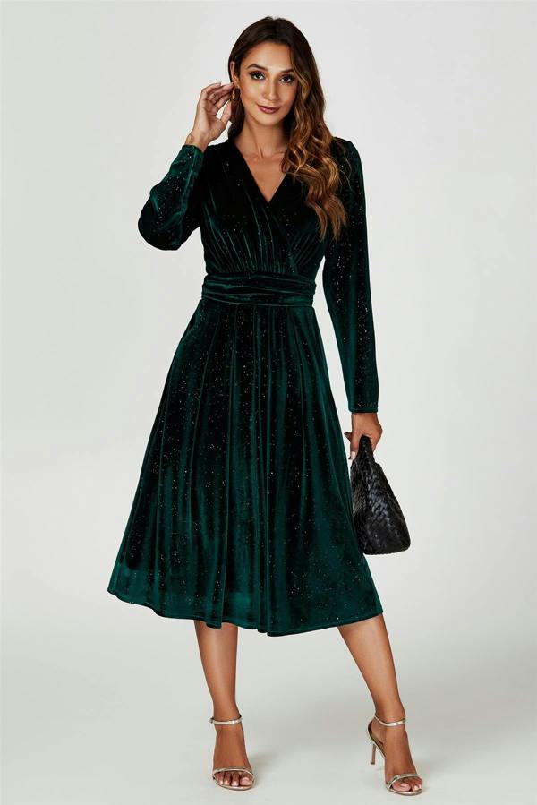 FS Collection Silver Sparkly Velvet Wrap Top Midi Dress In Green