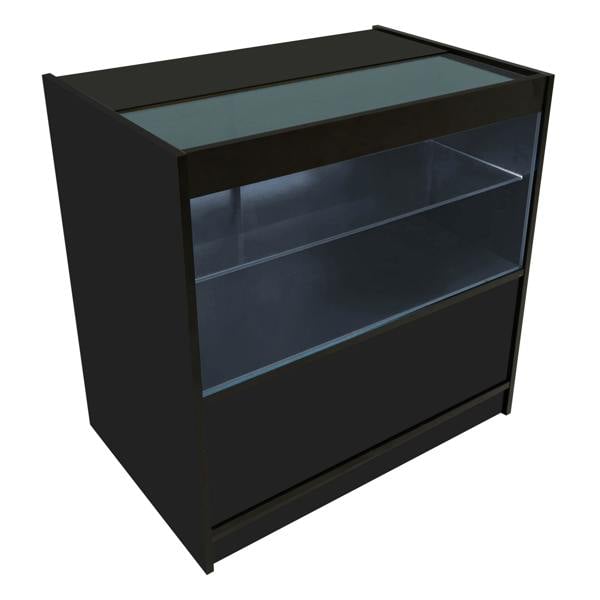 Vega LED Shop Counter Set in black with glass top, featuring two shelves and sleek design, ideal for retail displays