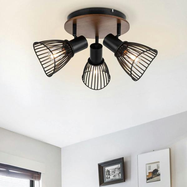 COSYLYTE Hadley 3 Light Matt Black Wire Shade Spotlight - Wooden
