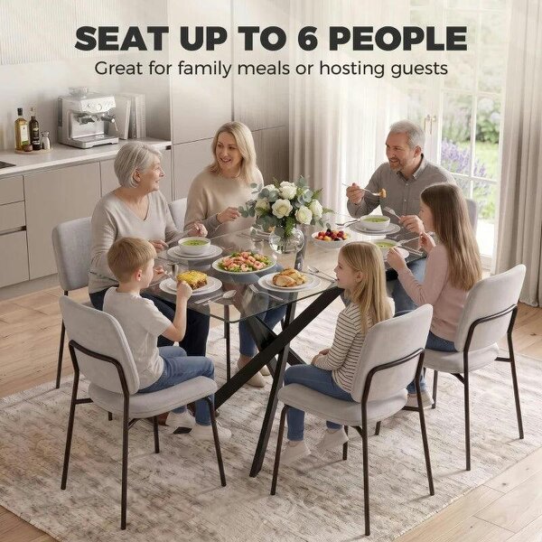 Rectangular Dining Table for 6 People, 120cm Modern Kitchen Table with Tempered Glass Top and Cross Steel Legs, Clear