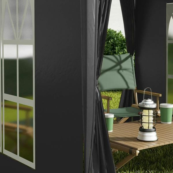 Black gazebo side opening with window panel and view into the covered interior