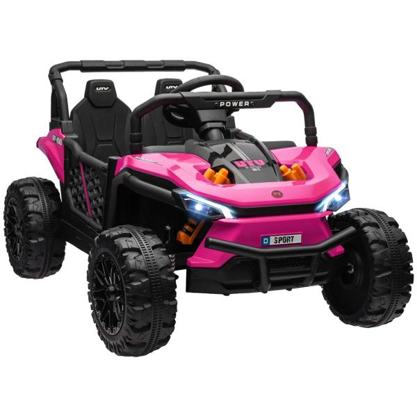 Pink battery-powered ride-on truck with 4 large wheels, front LED lights, steering