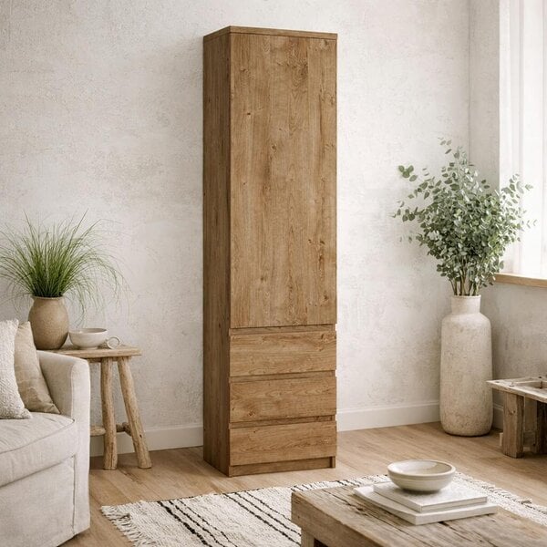 Wyld Haus Hemingway Natural Oak Wood Tall Narrow 1 Door 3 Drawer Cabinet