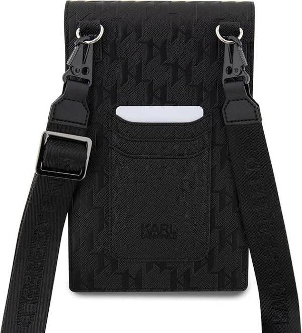 Karl Lagerfeld Saffiano Ikonik Monogram Universal Phone Pouch with Strap Black - KLWBSAKHPKK