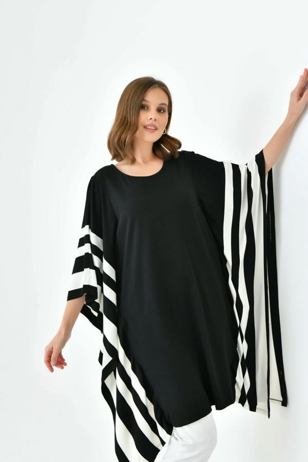 Hoxton Gal Oversized Wide Sleeve Tunic Dress with White Stripe Details in Black