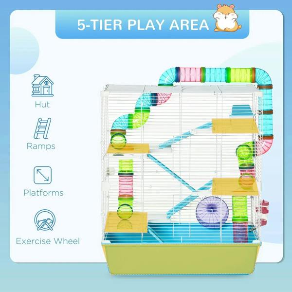Light blue hamster cage with 5-tier play area featuring ramps, platforms, and exercise wheel.