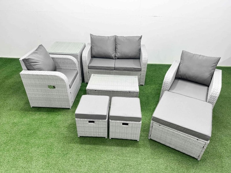 Fimous 7-Seater Light Grey PE Wicker Rattan Garden Sofa Set - Reclining Adjustable Chair with Rectangular Coffee Table
